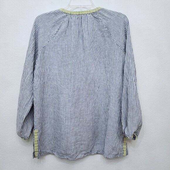 Spartina 449 Striped V-Neck Linen Tassel Blouse With Yellow Accents Size Medium - Picture 6 of 12
